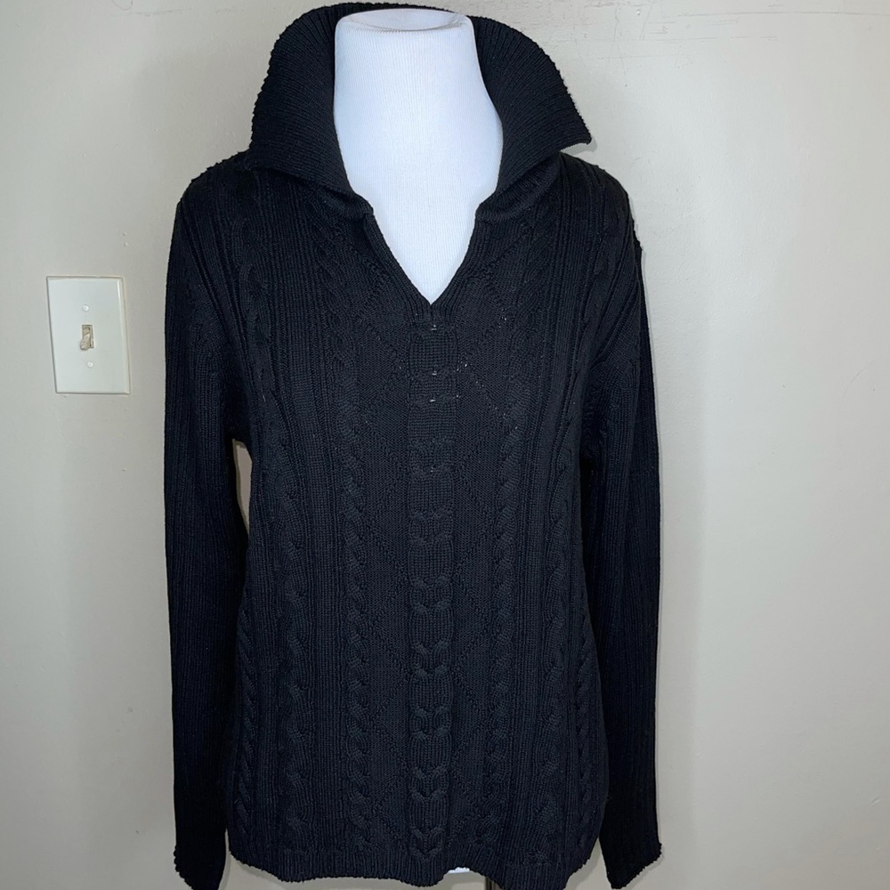 Villager Liz Claiborne Black 100% Cotton Cable Knit Polo Collar Sweater M